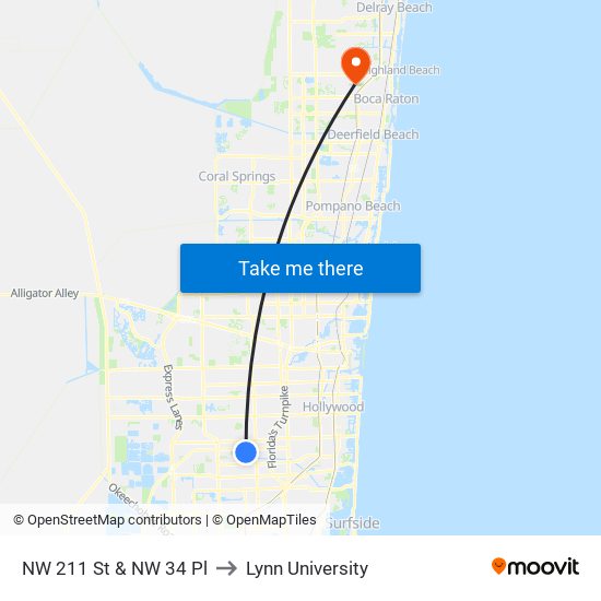 NW 211 St & NW 34 Pl to Lynn University map