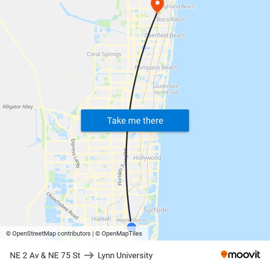 NE 2 Av & NE 75 St to Lynn University map