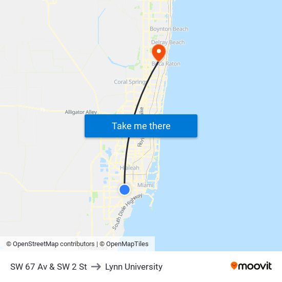 SW 67 Av & SW 2 St to Lynn University map