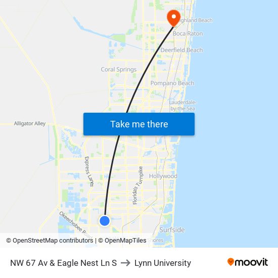 NW 67 Av & Eagle Nest Ln S to Lynn University map