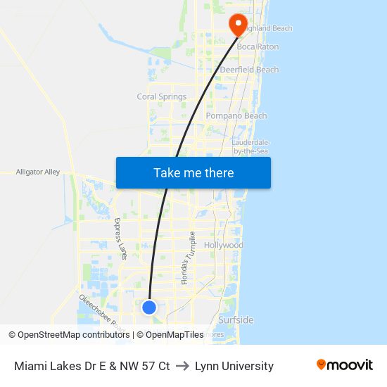 Miami Lakes Dr E & NW 57 Ct to Lynn University map