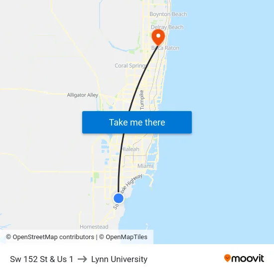 Sw 152 St & Us 1 to Lynn University map