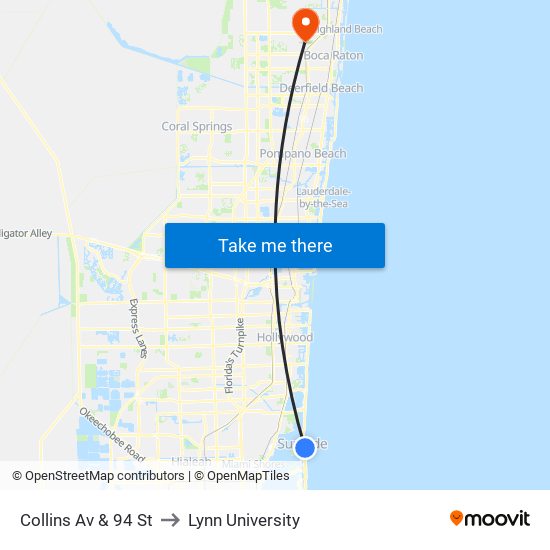 Collins Av & 94 St to Lynn University map