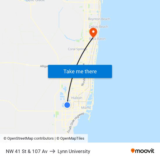 NW 41 St & 107 Av to Lynn University map