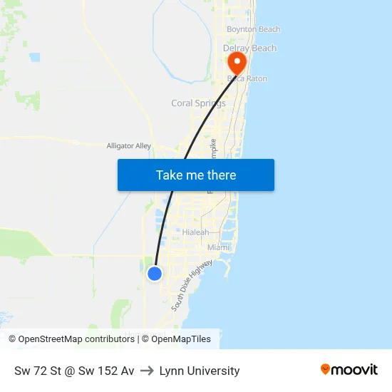 Sw 72 St @ Sw 152 Av to Lynn University map