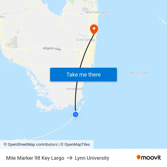 Mile Marker 98 Key Largo to Lynn University map