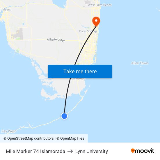 Mile Marker 74 Islamorada to Lynn University map