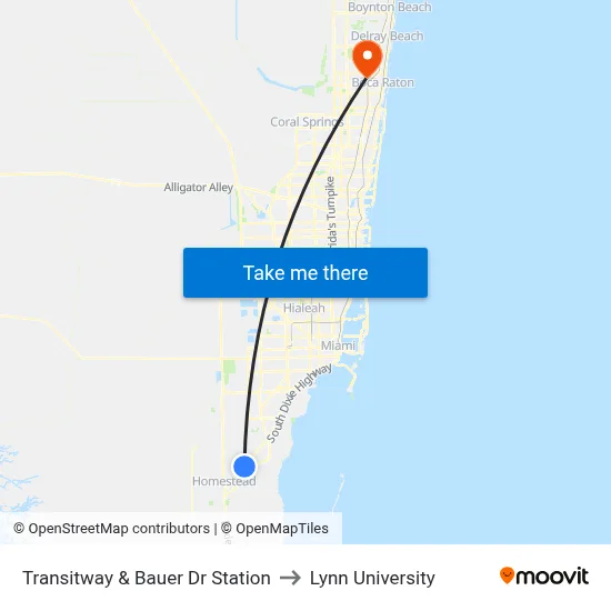 Transitway & Bauer Dr Station to Lynn University map