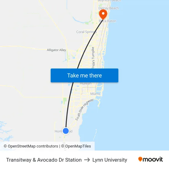 Transitway & Avocado Dr Station to Lynn University map
