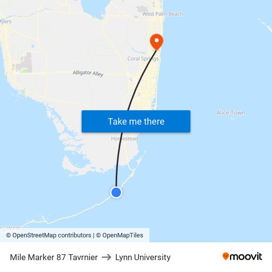 Mile Marker 87 Tavrnier to Lynn University map