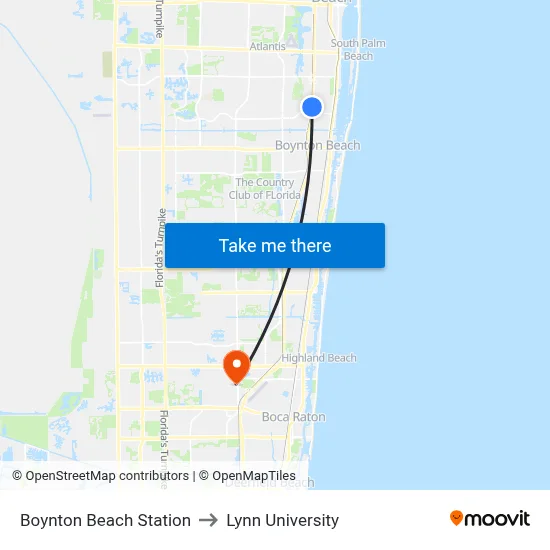 Boynton Beach Station to Lynn University map