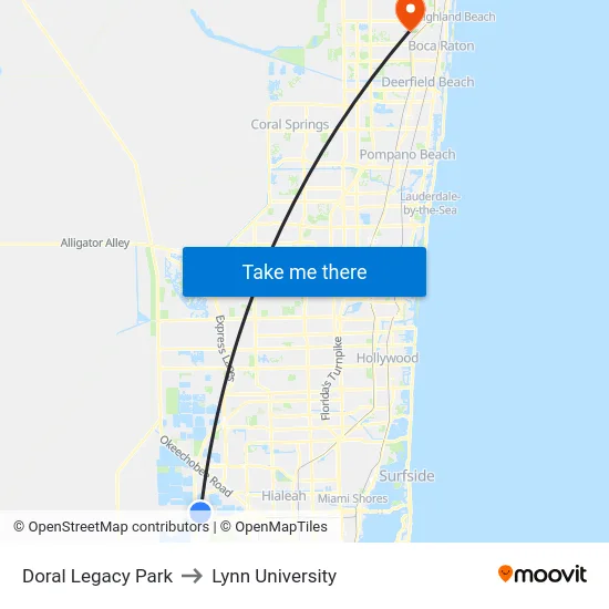 Doral Legacy Park to Lynn University map