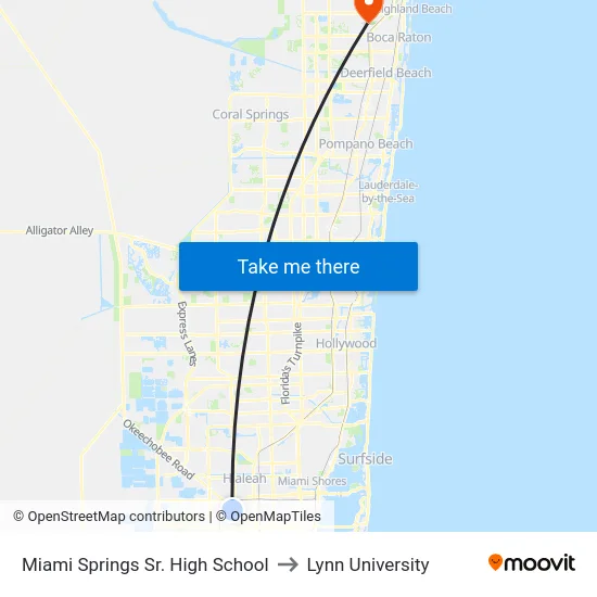 Miami Springs Sr. High School to Lynn University map