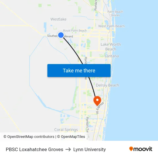PBSC Loxahatchee Groves to Lynn University map