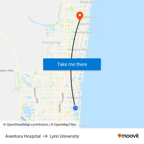 Aventura Hospital to Lynn University map