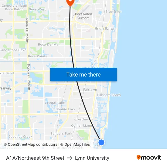 A1A/Northeast 9th Street to Lynn University map