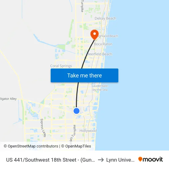US 441/Southwest 18th Street - (Gunther Kia) to Lynn University map