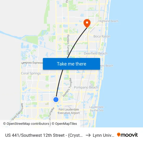 US 441/Southwest 12th Street - (Crystal Creek Plaza) to Lynn University map
