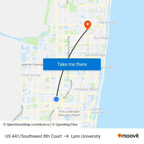 US 441/Southwest 8th Court to Lynn University map