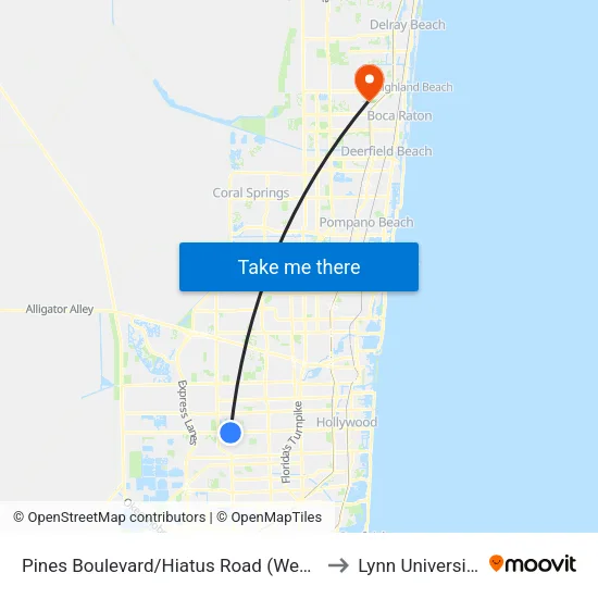 Pines Boulevard/Hiatus Road (West) to Lynn University map