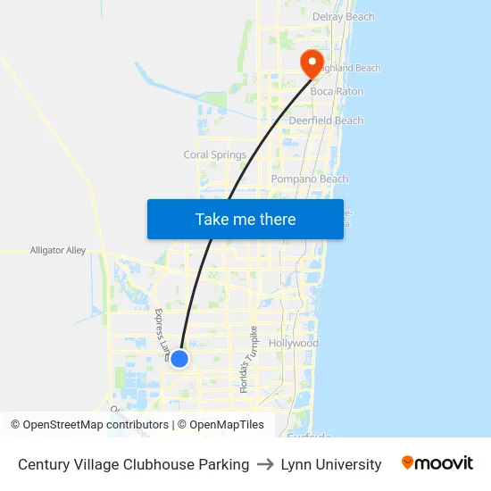 Century Village Clubhouse Parking to Lynn University map