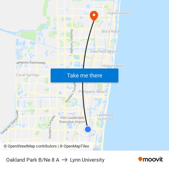 Oakland Park B/NE 8 A to Lynn University map