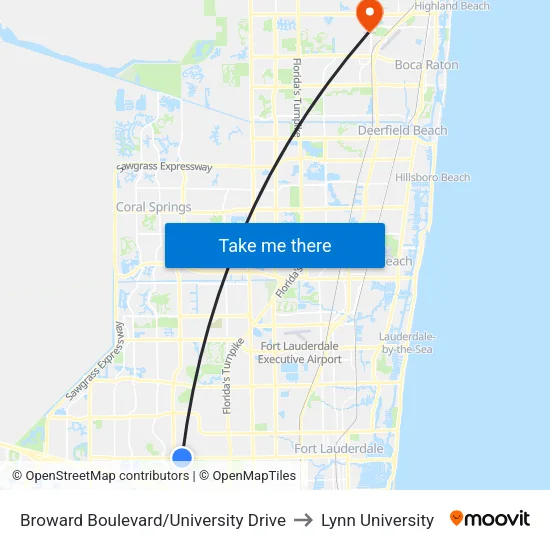 Broward Boulevard/University Drive to Lynn University map