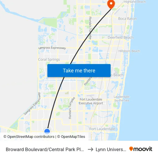Broward Boulevard/Central Park Place to Lynn University map
