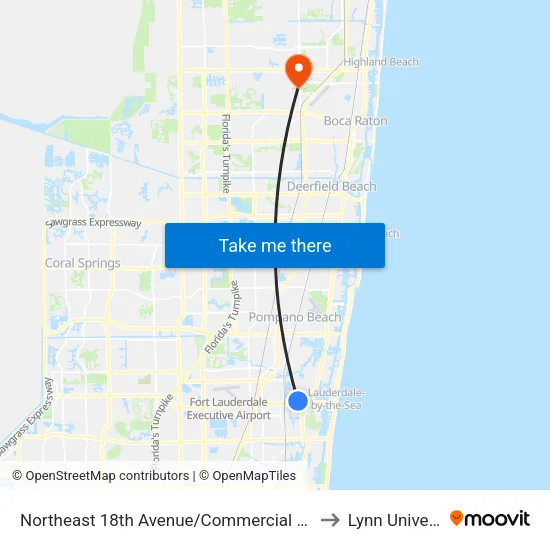 Northeast 18th Avenue/Commercial Boulevard to Lynn University map