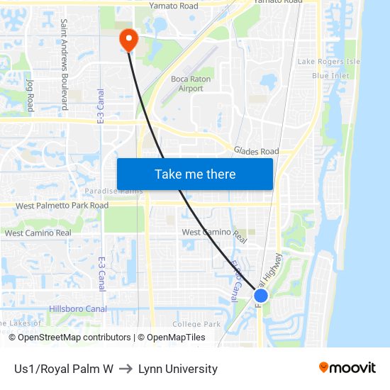 Us1/Royal Palm W to Lynn University map
