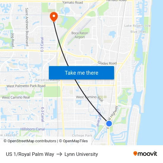 US 1/Royal Palm Way to Lynn University map
