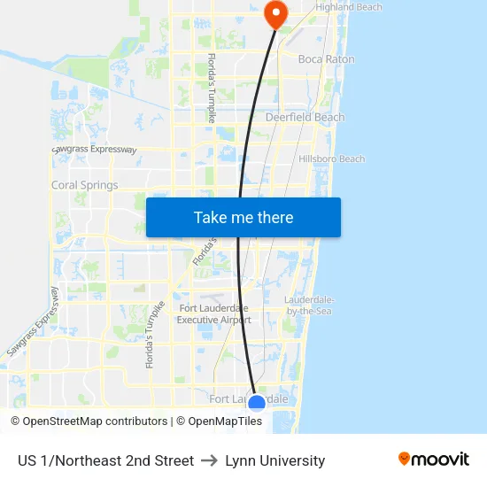 US 1/Northeast 2nd Street to Lynn University map