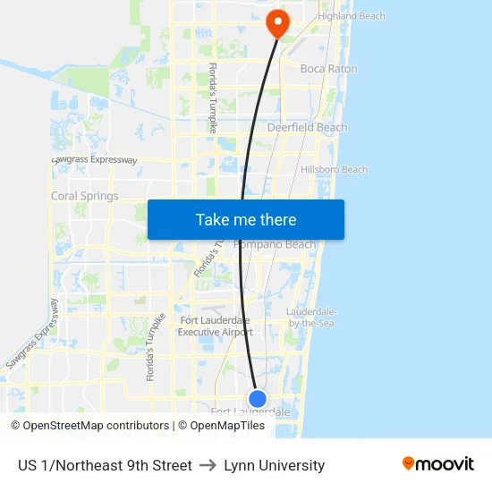 US 1/Northeast 9th Street to Lynn University map