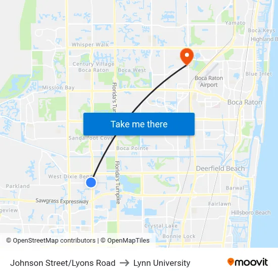 Johnson Street/Lyons Road to Lynn University map