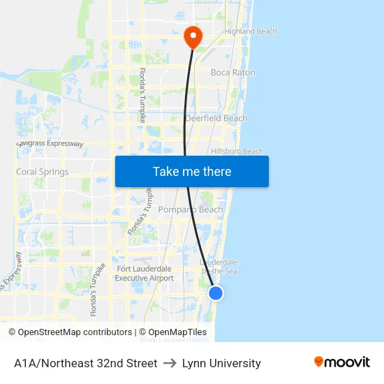 A1A/Northeast 32nd Street to Lynn University map