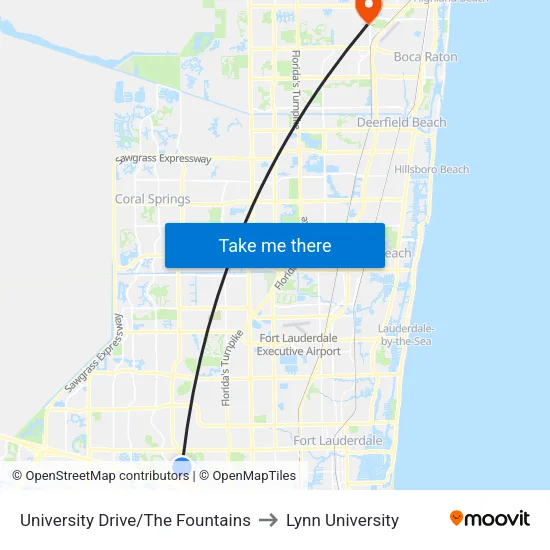 University Drive/The Fountains to Lynn University map