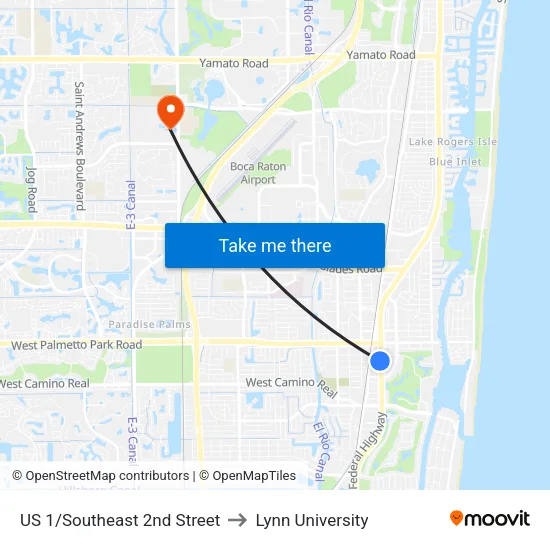US 1/Southeast 2nd Street to Lynn University map