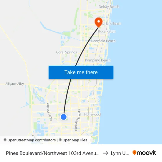 Pines Boulevard/Northwest 103rd Avenue - (Pembroke Pines City Center) to Lynn University map