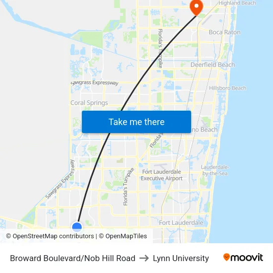 Broward Boulevard/Nob Hill Road to Lynn University map