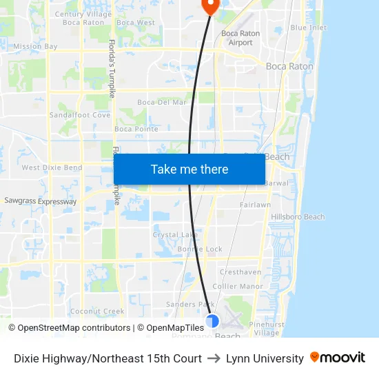 Dixie Highway/Northeast 15th Court to Lynn University map