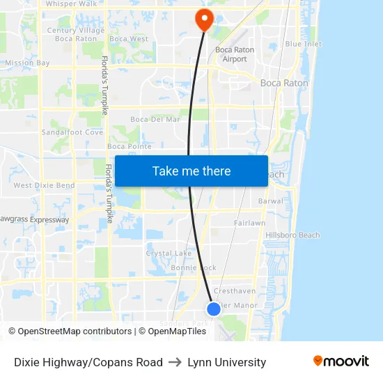 Dixie Highway/Copans Road to Lynn University map