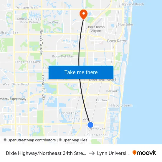 Dixie Highway/Northeast 34th Street to Lynn University map