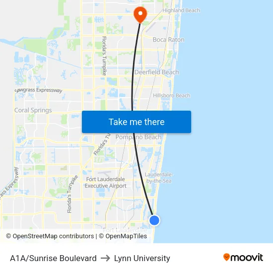 A1A/Sunrise Boulevard to Lynn University map