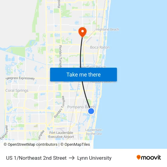 US 1/Northeast 2nd Street to Lynn University map