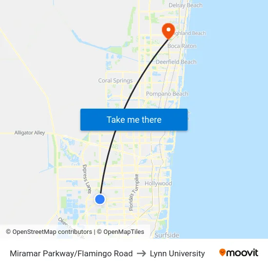 Miramar Parkway/Flamingo Road to Lynn University map