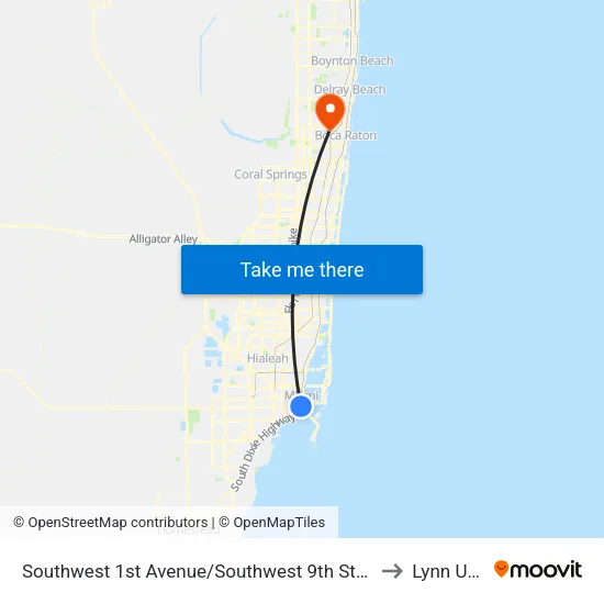 Southwest 1st Avenue/Southwest 9th Street - (Brickell Metrorail Station) to Lynn University map