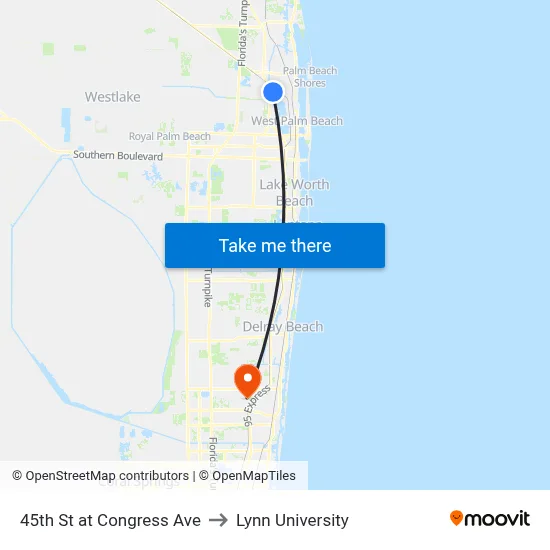 45th St at Congress Ave to Lynn University map