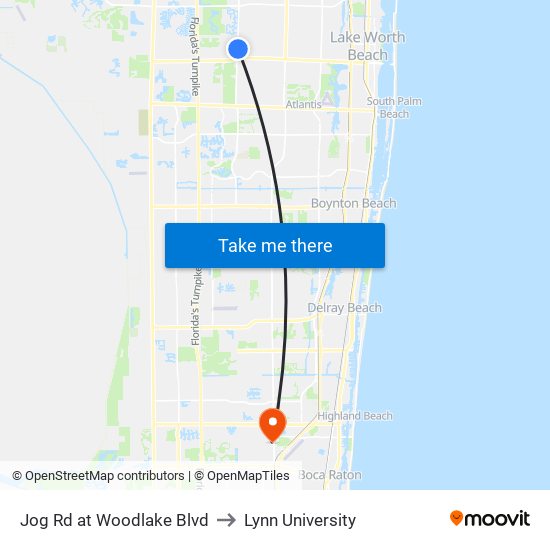 Jog Rd at Woodlake Blvd to Lynn University map