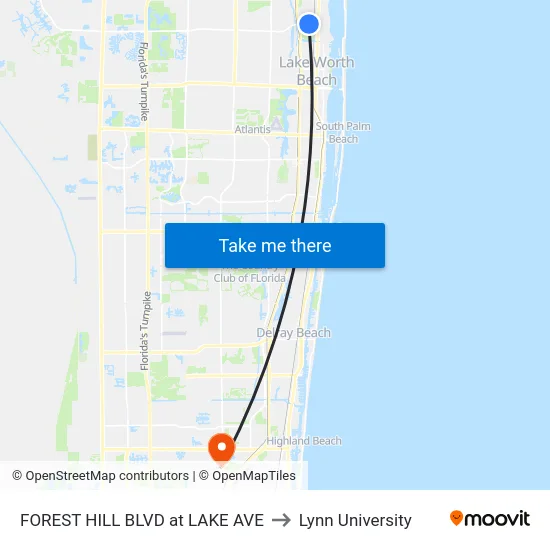 FOREST HILL BLVD at LAKE AVE to Lynn University map
