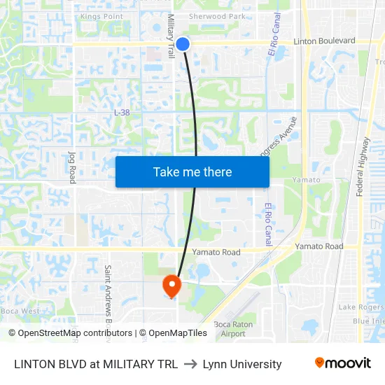 LINTON BLVD at MILITARY TRL to Lynn University map